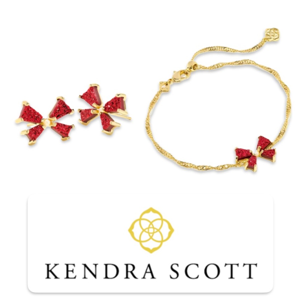 Kendra Scott Gold Bracelet and Bow Stud Earrings with Red Accents